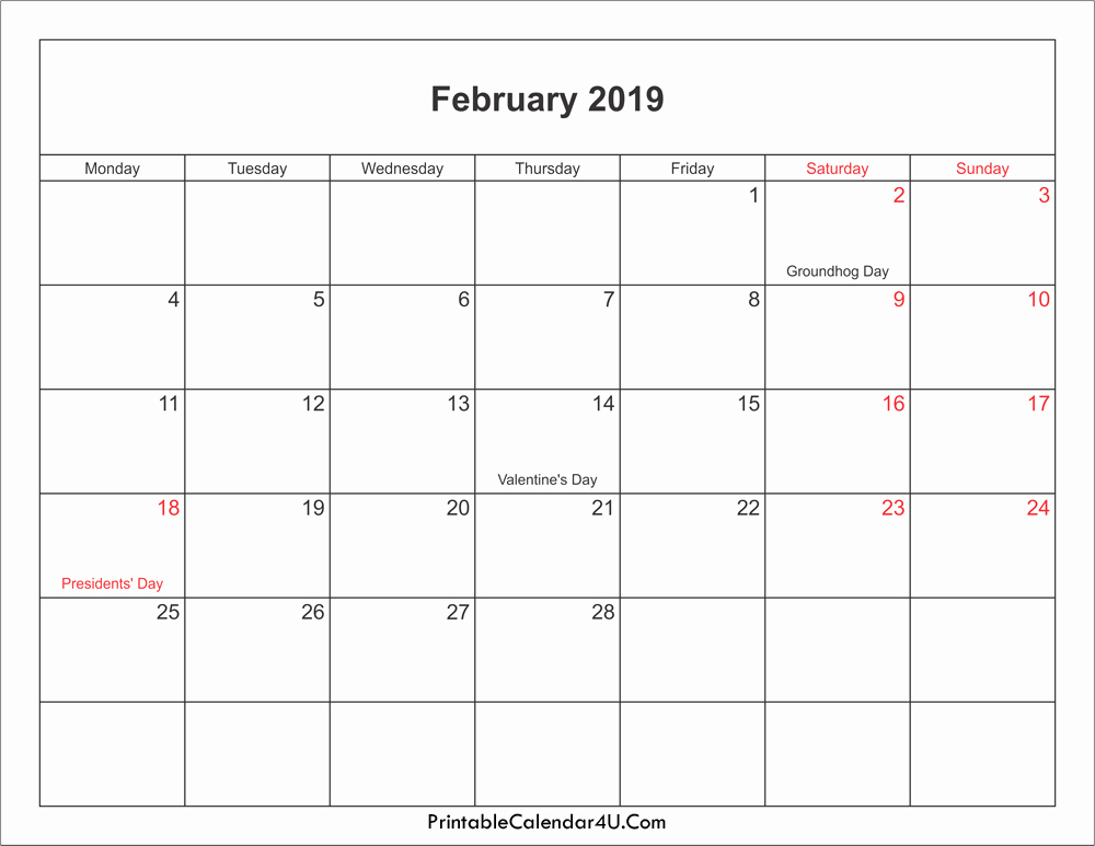 2019 Word Calendar with Holidays Elegant February 2019 Calendar with Holidays