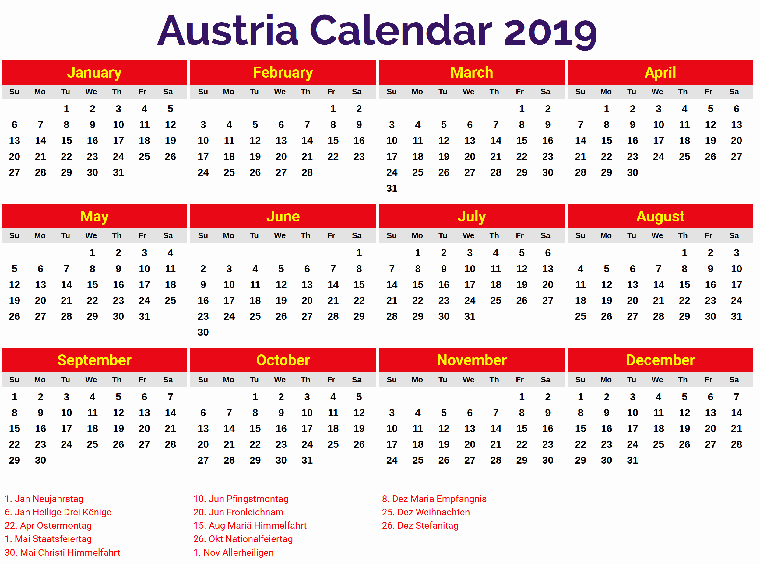 2019 Word Calendar with Holidays Fresh Austria Calendar 2019 Template Pdf Excel Word Free