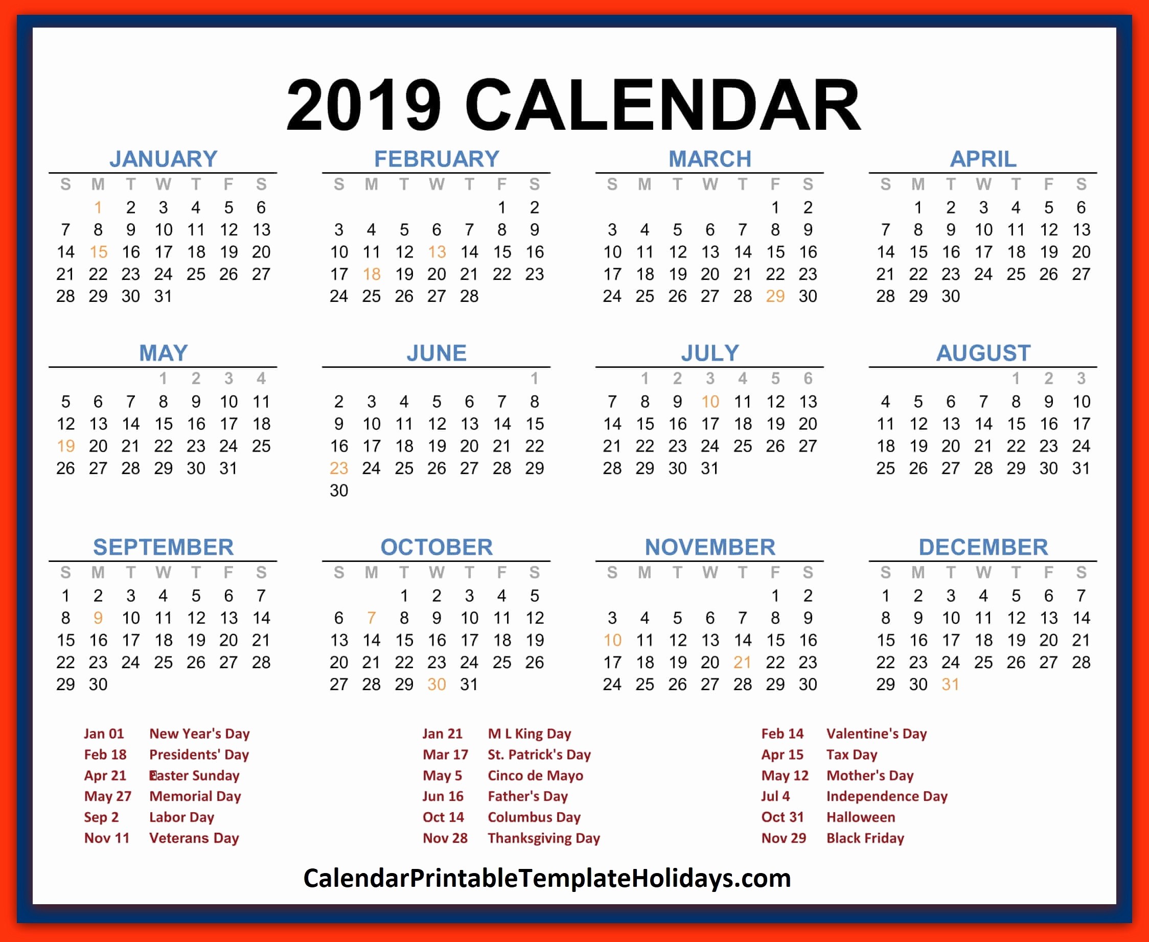 2019 Word Calendar with Holidays Lovely 2019 Calendar Printable Template Holidays Pdf Word Excel