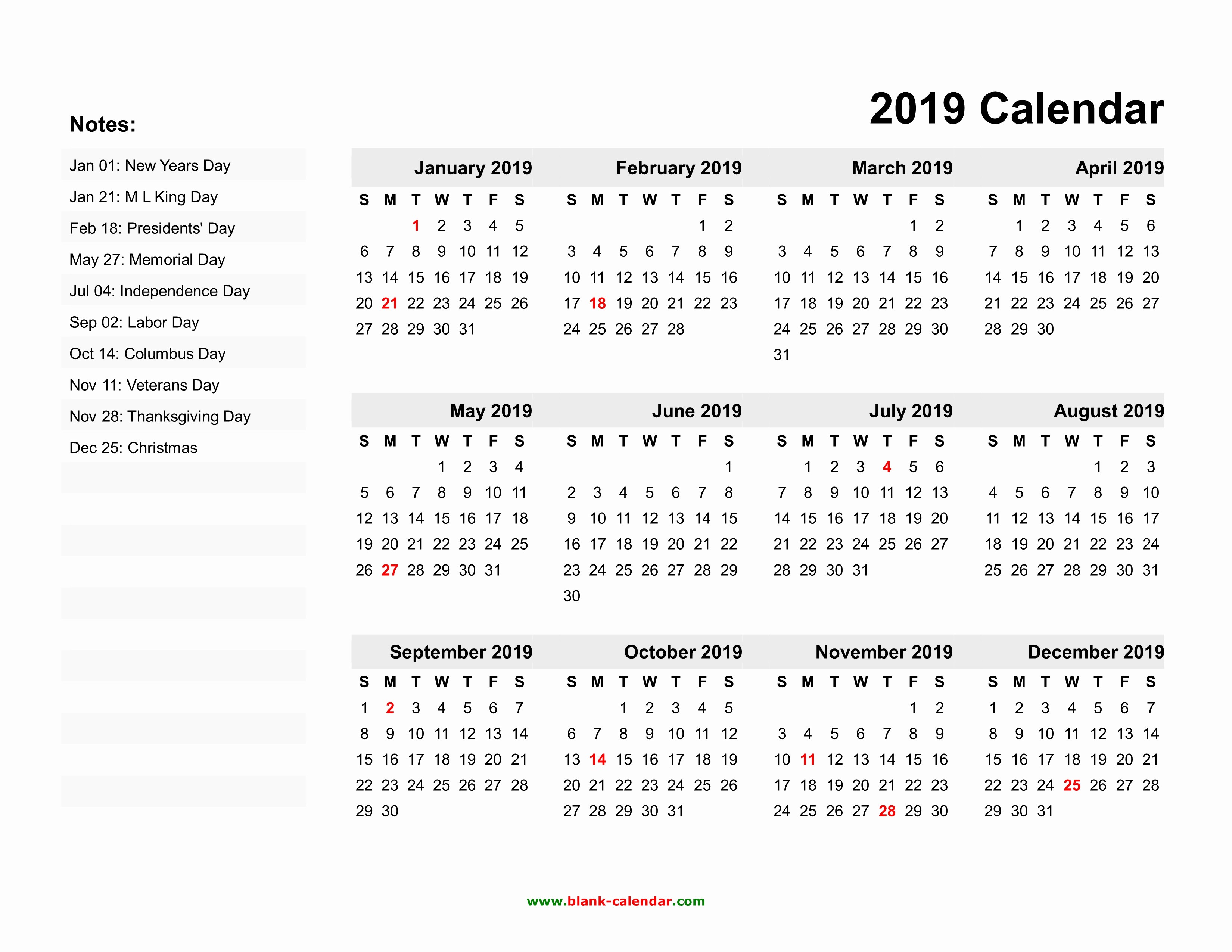2019 Word Calendar with Holidays New Yearly Calendar 2019