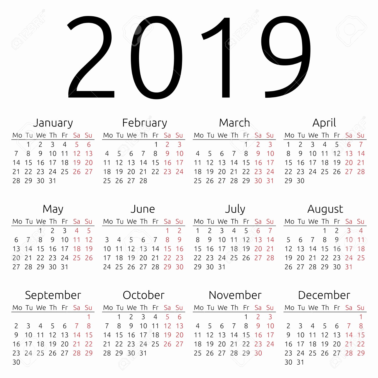 2019 Yearly Calendar with Holidays Awesome Yearly Calendar 2019