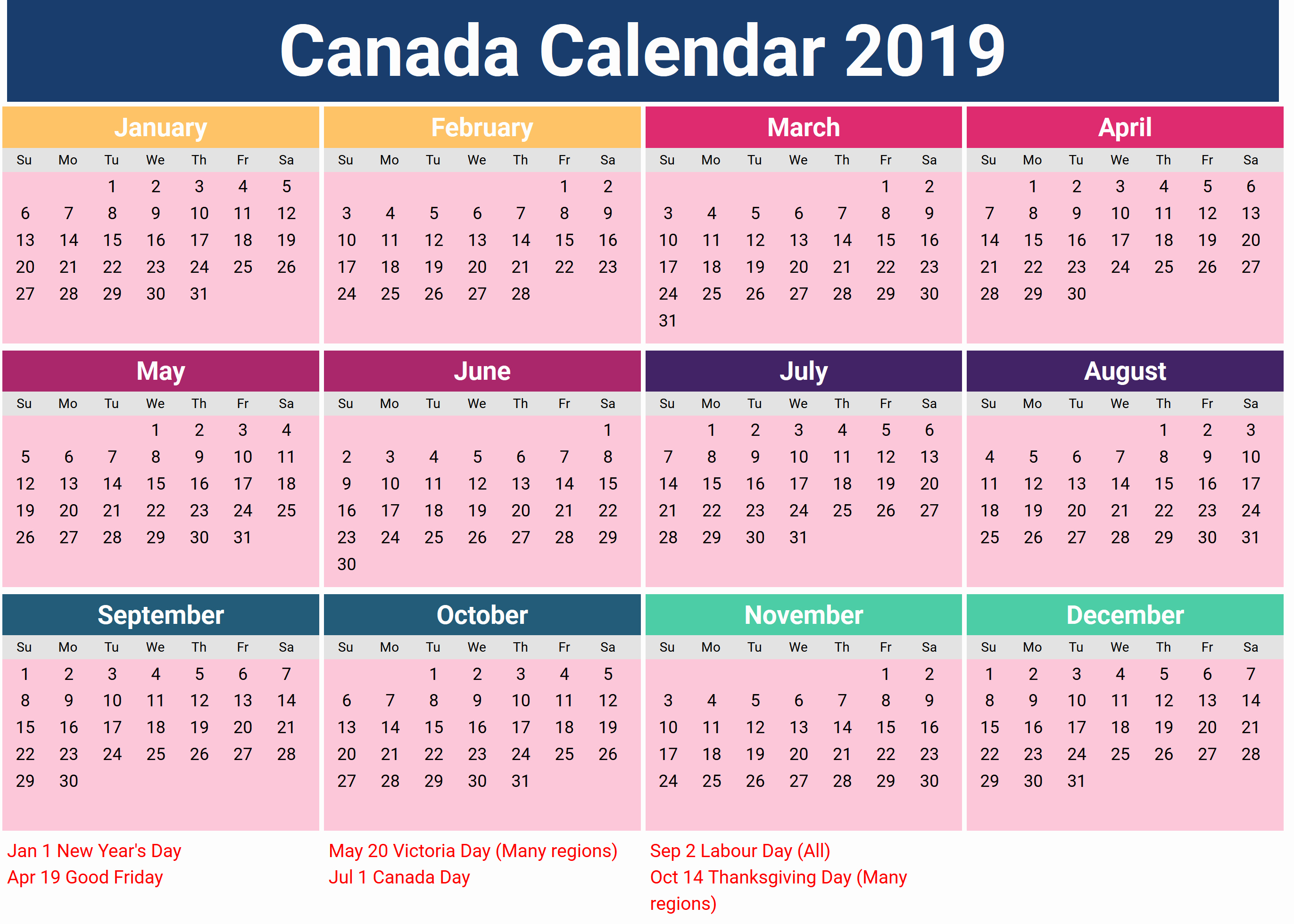 2019 Yearly Calendar with Holidays Fresh Canada Holidays 2019 Calendar Download