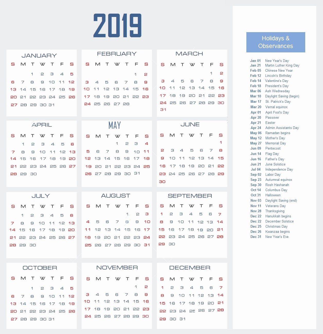2019 Yearly Calendar with Holidays Lovely 2019 Calendar with Holidays