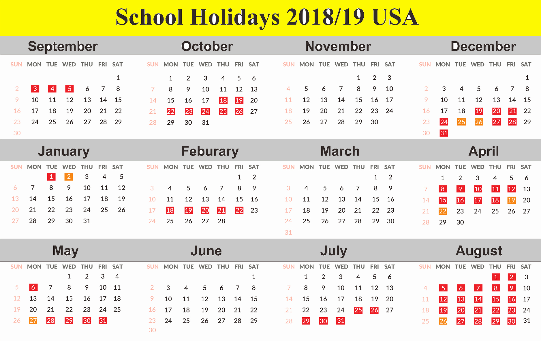 2019 Yearly Calendar with Holidays Lovely Yearly Usa 2019 Holidays Calendar Printable Template 12