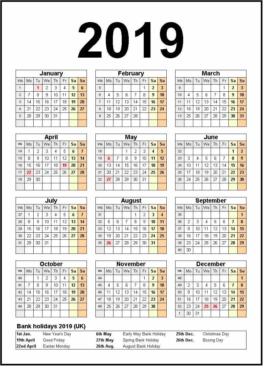2019 Yearly Calendar with Holidays New Printable 2019 Calendar United State