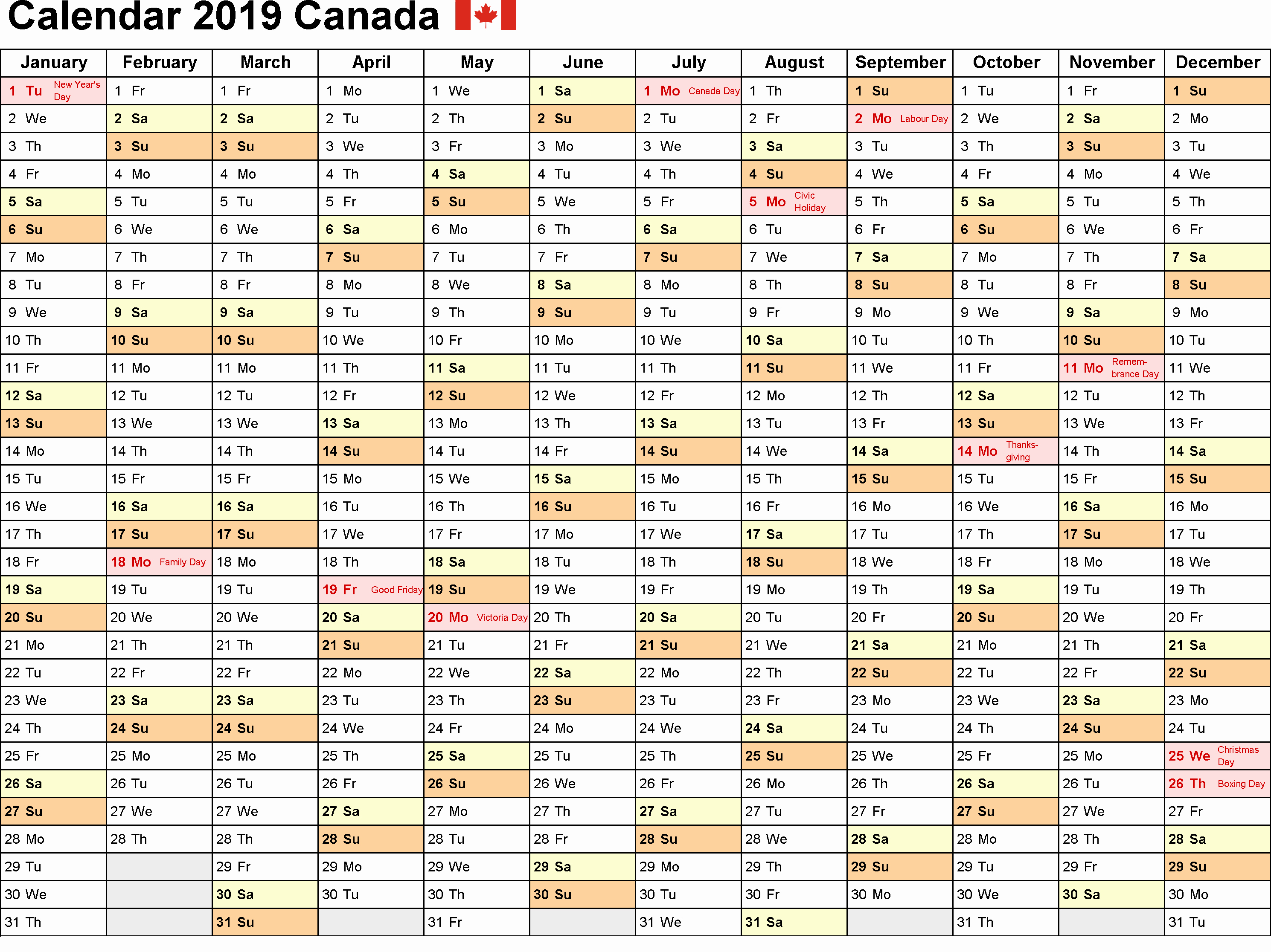 2019 Yearly Calendar with Holidays New Yearly Calendar 2019 Template with Canada Holidays Free