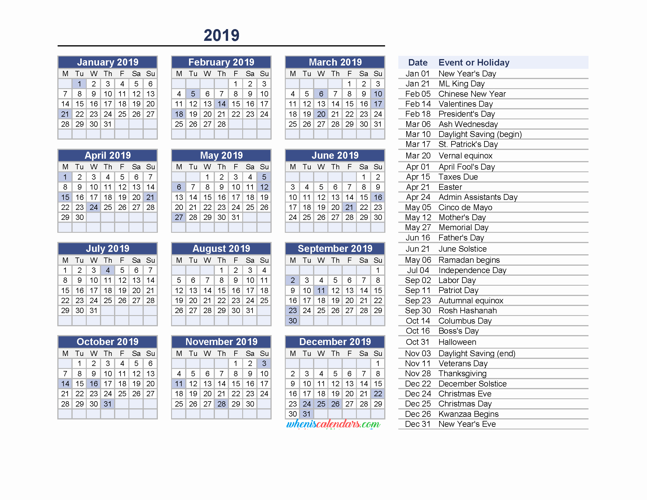 2019 Yearly Calendar with Holidays New Yearly Calendar 2019 with Holidays Printable Pdf and Image