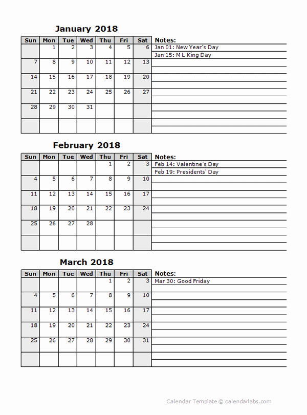 3 Month Blank Calendar Template Unique 2018 Three Month Calendar Template Free Printable Templates