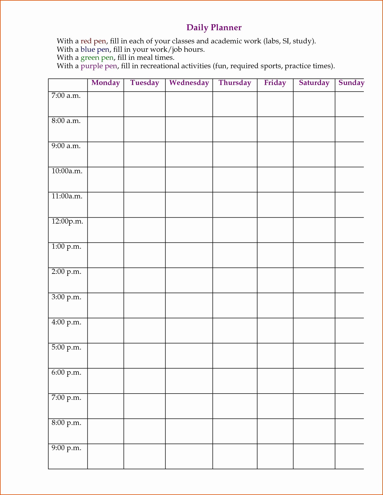 7 Day Calendar with Hours Lovely 7 Day Weekly Planner Template Printable