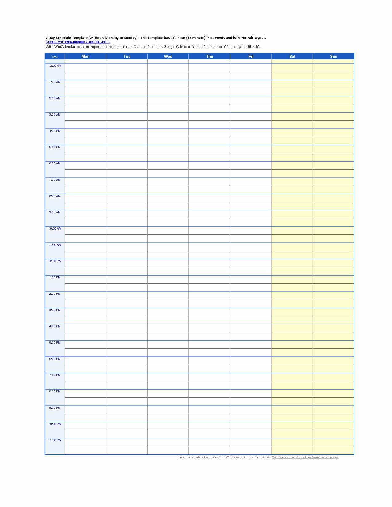 7 Day Calendar with Hours Unique 8 Best Of Free Printable Daily Schedule 15 Minute