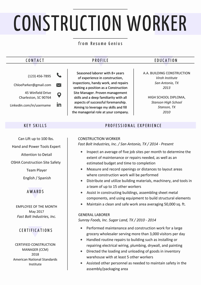 A Template for A Resume Inspirational Construction Worker Resume Example &amp; Writing Guide