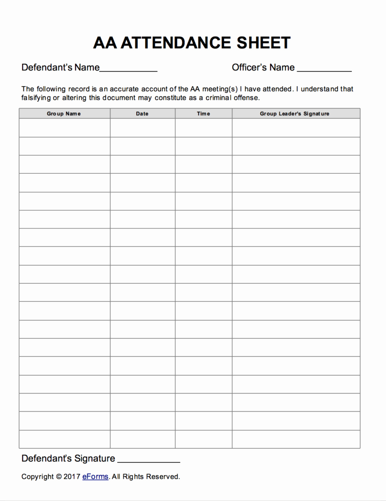 Aa Sign In Sheet Printable Unique Alcoholics Anonymous Aa Sign In attendance Sheet