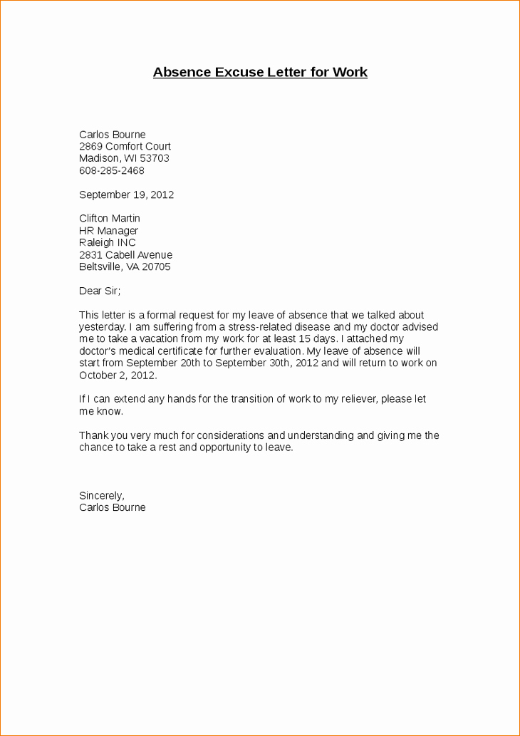 Absence Excuse Letters for School Elegant 13 Work Excuse Letteragenda Template Sample