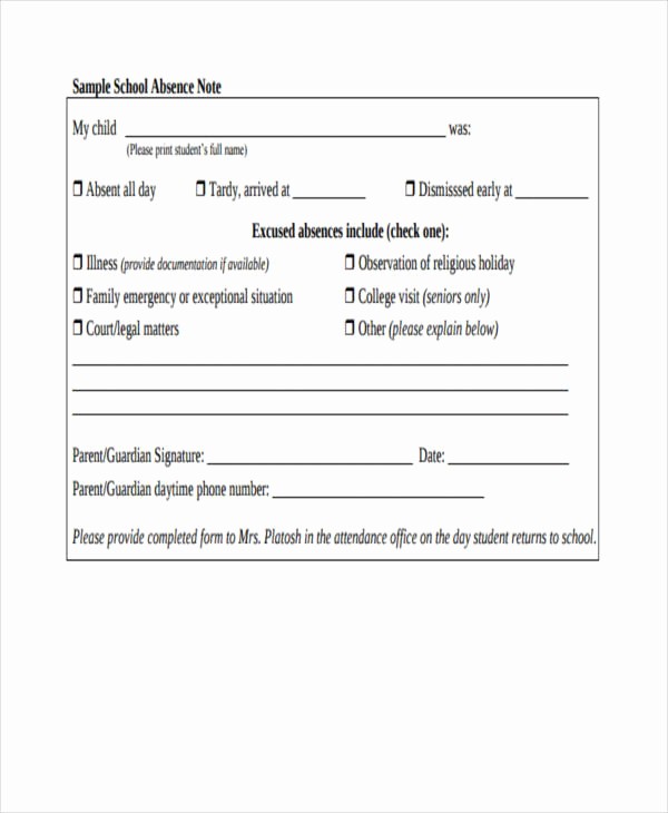 Absence Note for School Example New 28 Free Note Templates