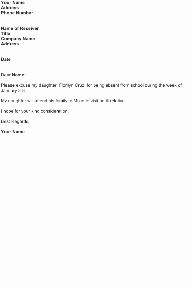 Absent From School Letter Template Lovely Excuse Letter for Being Absent In School Free Download