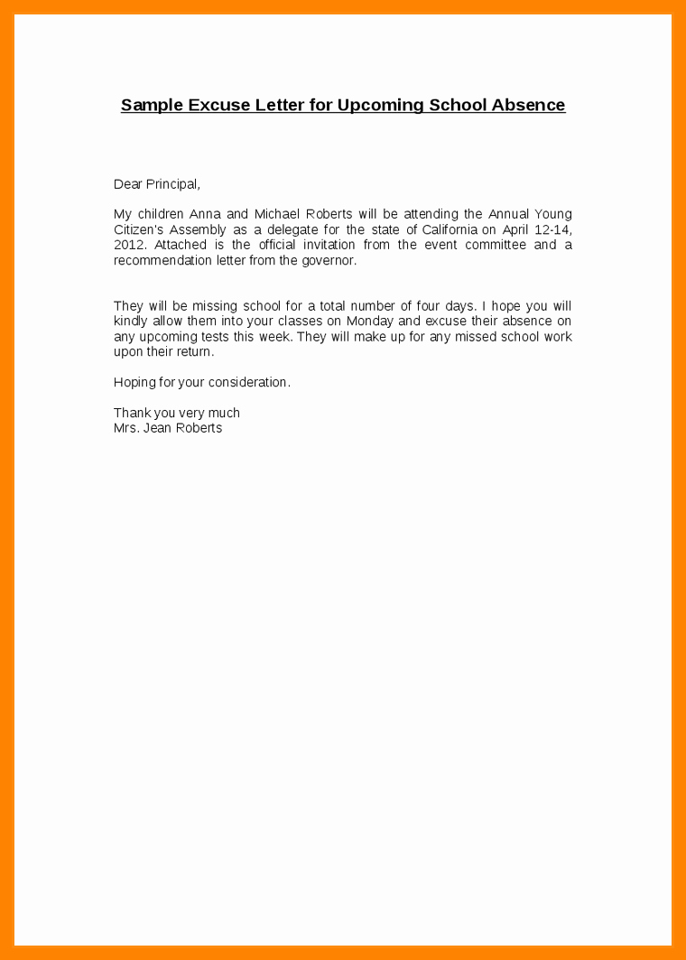 Absent From School Letter Template Unique 8 Examples Of Excuse Letters for Absent In School