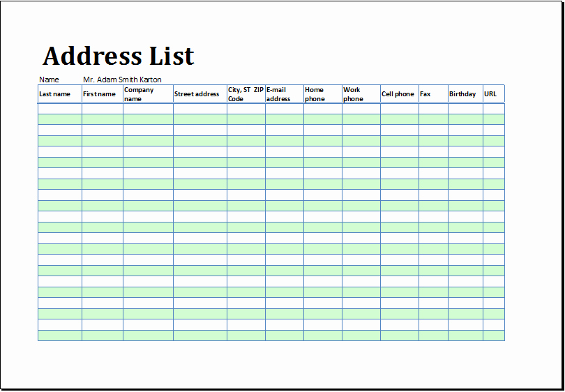 Address and Phone Number Template Inspirational Printable Address List Book Template for Ms Excel