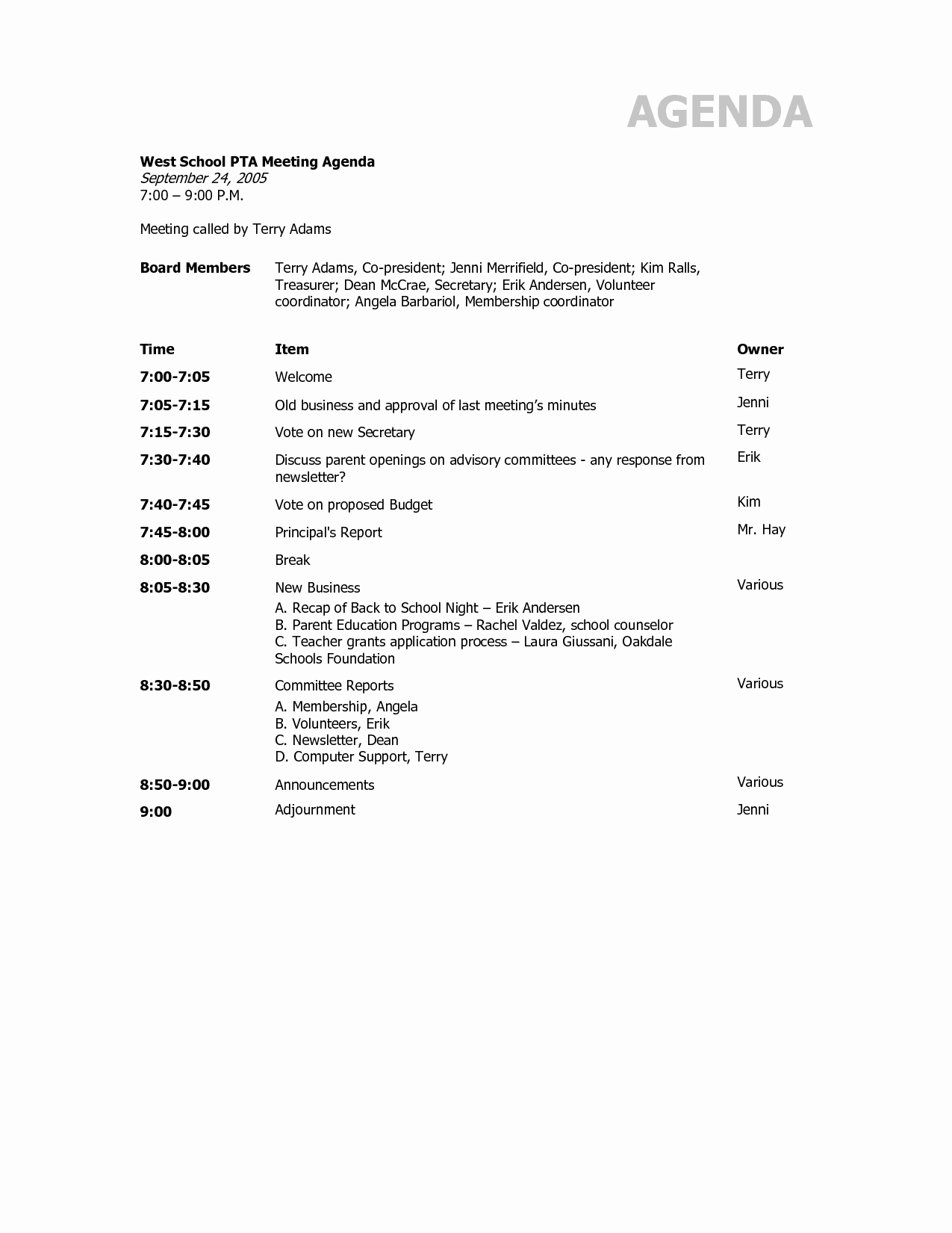Agenda format for A Meeting Inspirational 9 Best Sample Agenda form Pta Meeting Sample