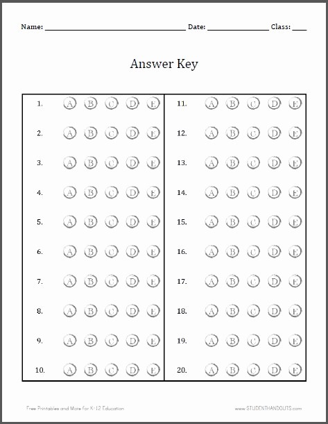 Answer Sheet Template Microsoft Word Beautiful Blank Bubble Sheet Answer Key for 20 Questions A E Free