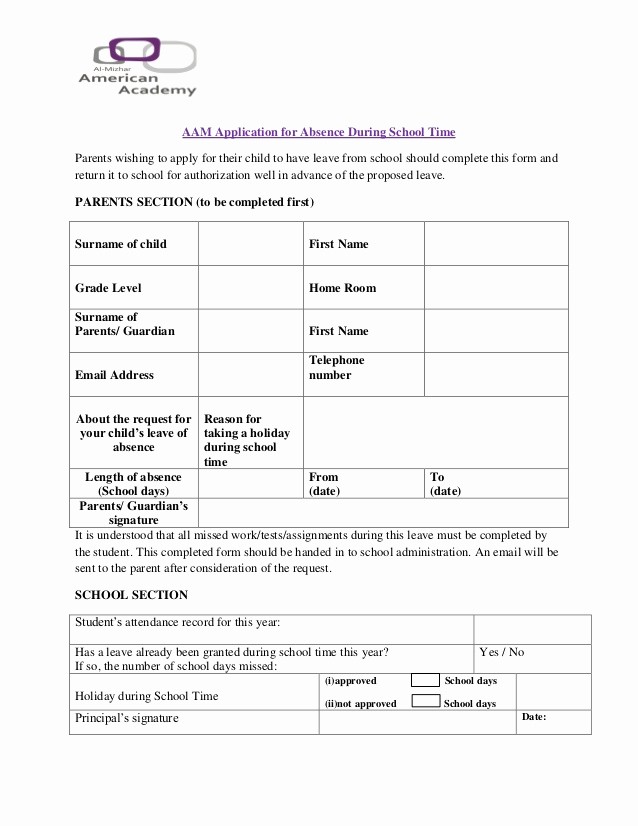 Application for Absent In School Awesome American Academy In Al Mizhar Application for Absence