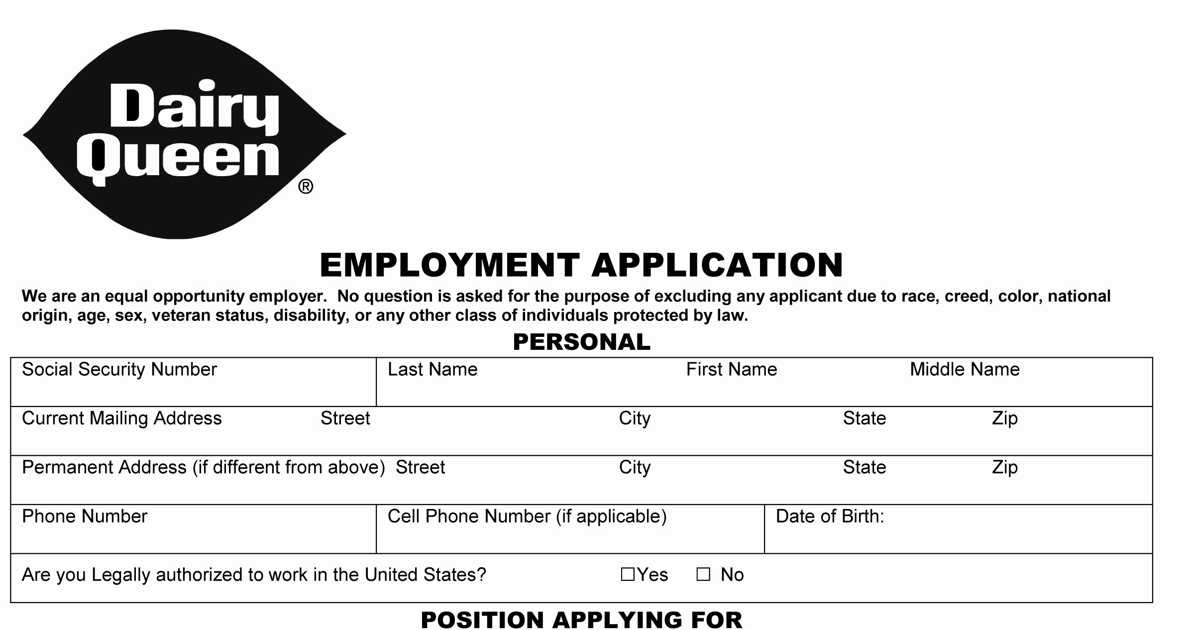Application for Employment form Pdf Awesome Dairy Queen Job Application Printable Employment Pdf forms