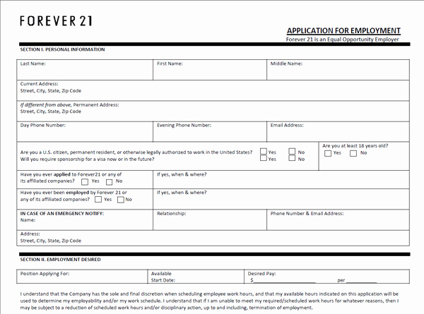 Application for Employment form Pdf Elegant forever 21 Application Pdf Print Out