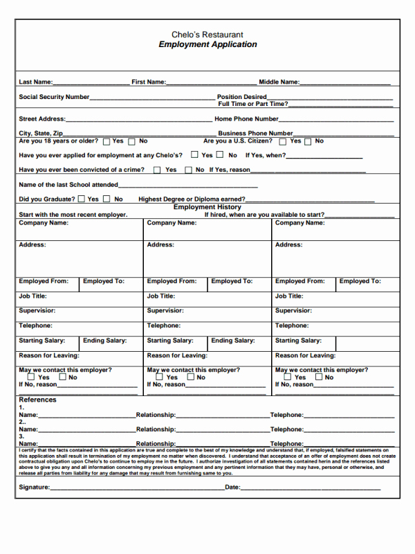 Application for Employment form Pdf Luxury Chelo’s Restaurant Job Application form with Excellent