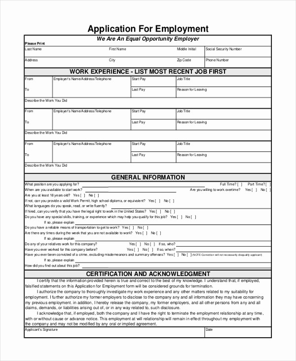 Application for Employment form Pdf New Sample Application for Employment form 10 Free