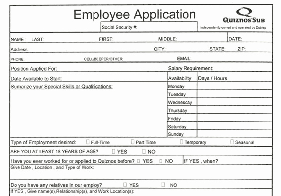 Application for Employment form Pdf Unique Quiznos Application Pdf Print Out