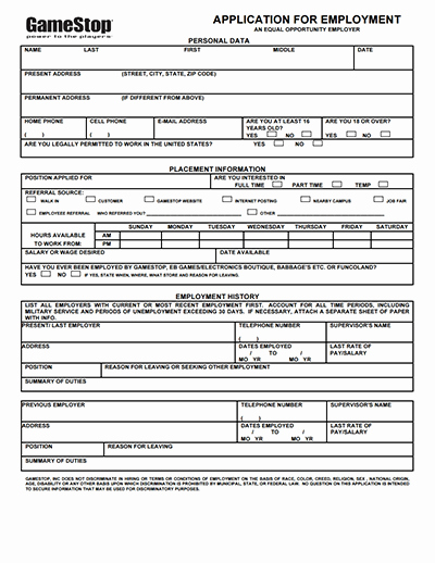 Application for Employment Free Template Awesome Gamestop Application form Free Download Create Fill