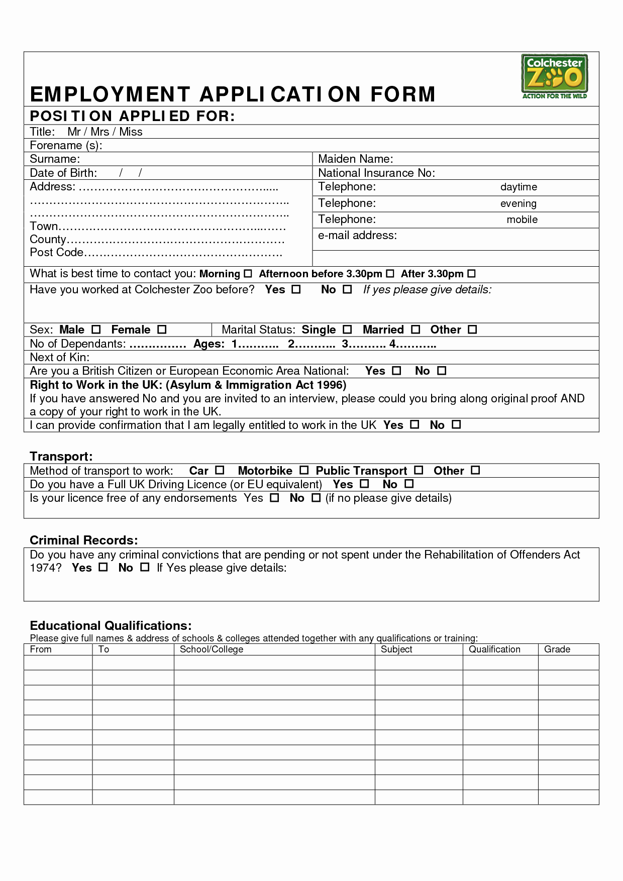 Application for Employment Free Template Fresh Job Application Template