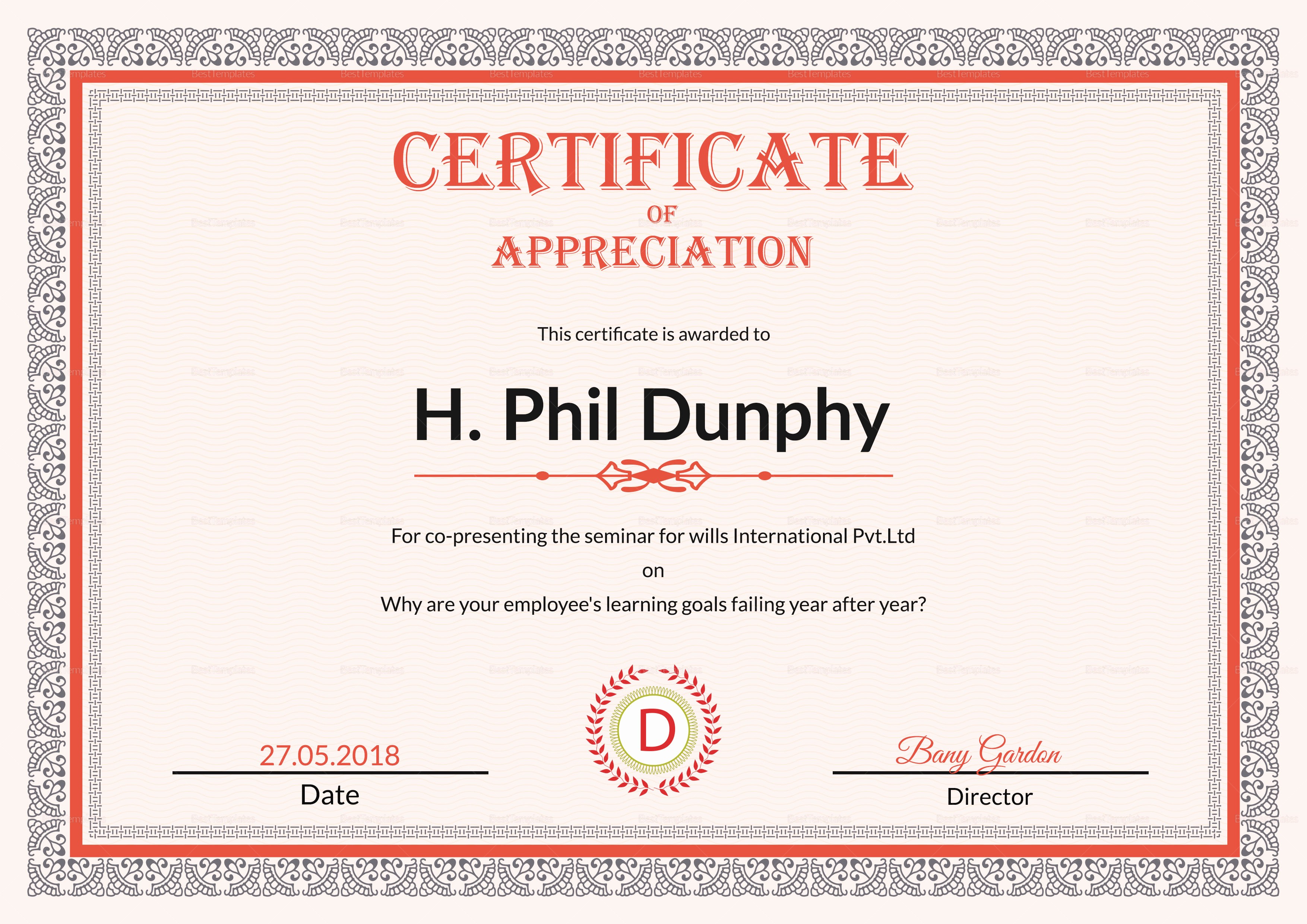Appreciation Certificate Templates for Word New Certificate Of Appreciation Design Template In Psd Word