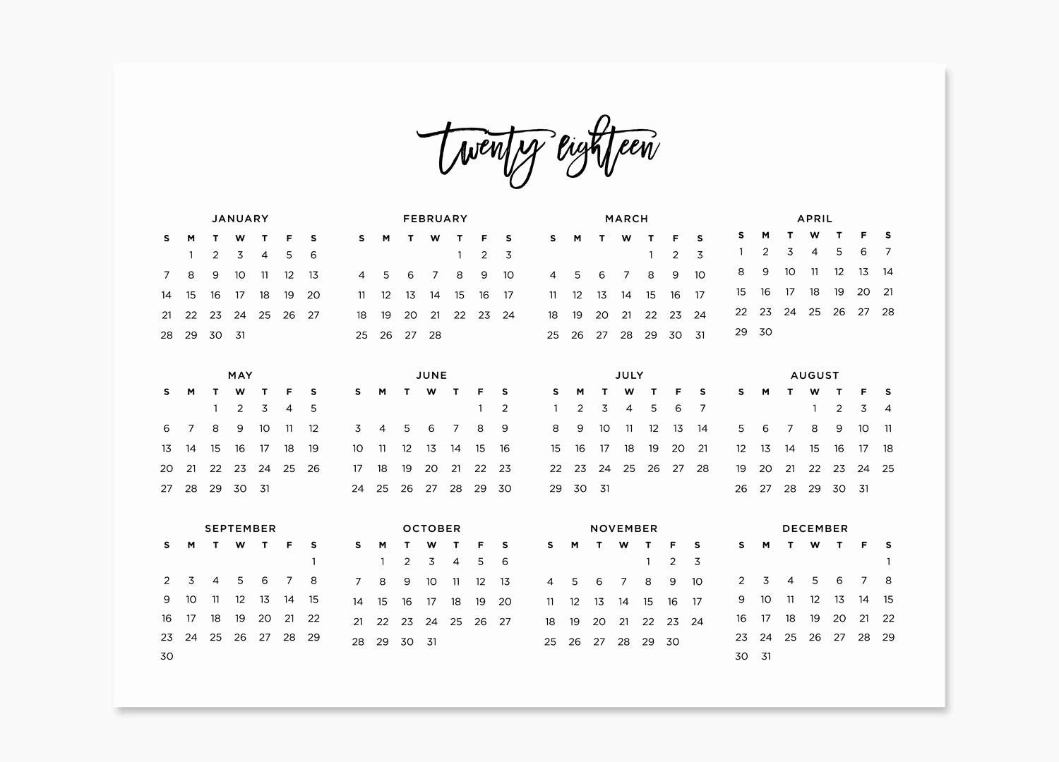 At A Glance 2018 Calendar New 2018 Year at A Glance Calendar Free Printable – Template
