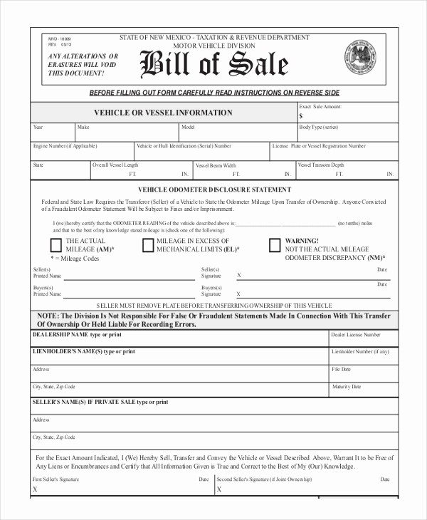 Auto Bill Of Sales form Elegant Blank Bill Of Sale Template 7 Free Word Pdf Document