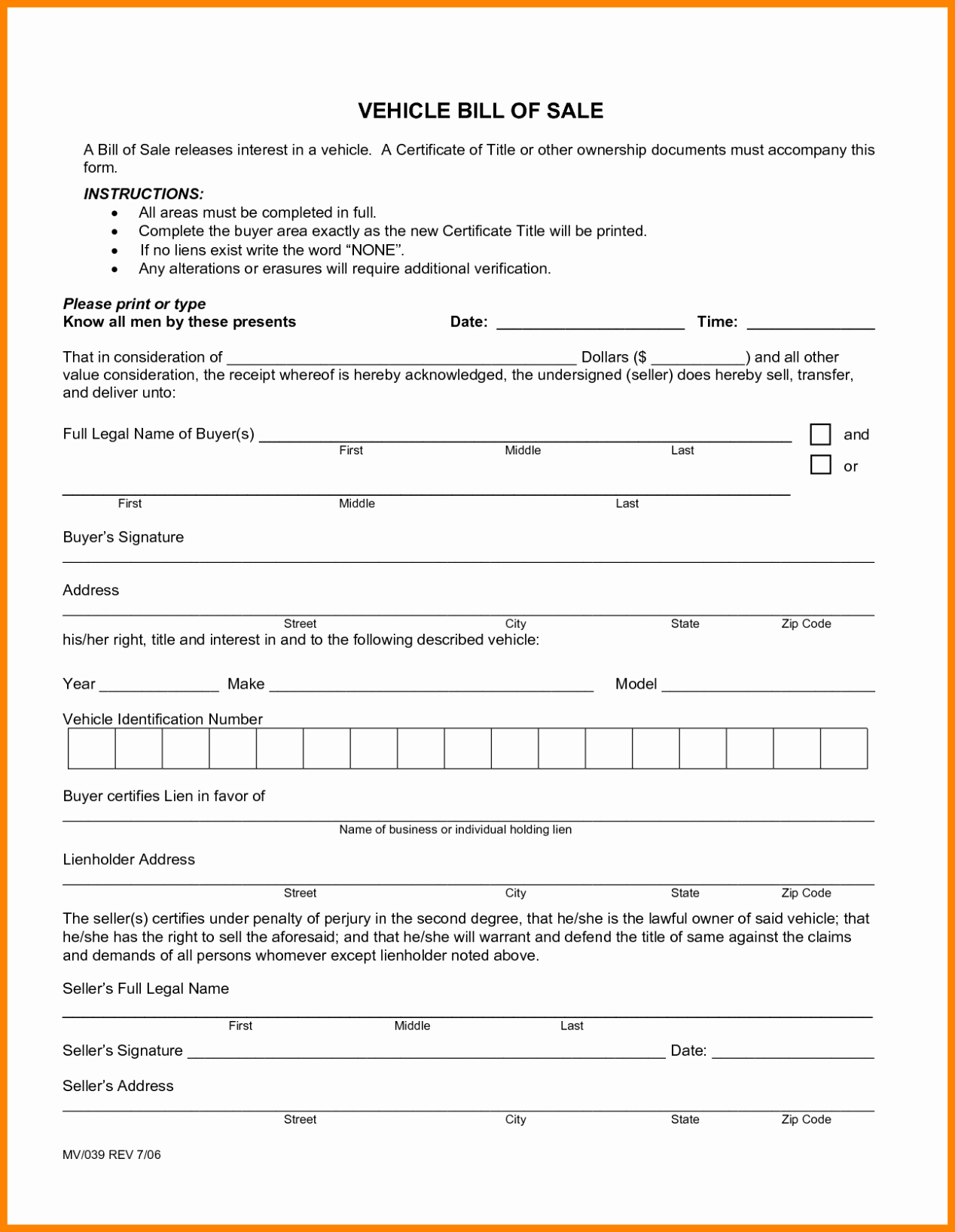 Auto Bill Of Sales form Elegant Motor Vehicle Bill Of Sale Template form Printable