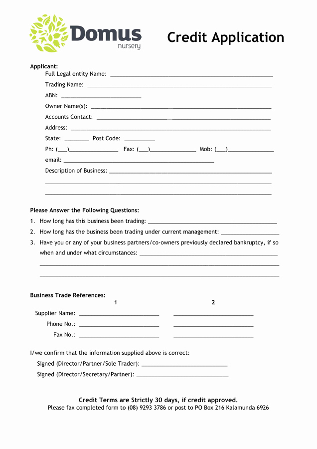 Auto Credit Application form Template Lovely Domus Nursery Credit Application form In Word and Pdf formats