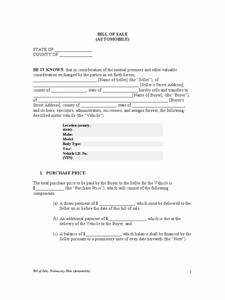 Auto Dealer Bill Of Sale Beautiful Bill Of Sale and Promissory Note Auto Sales