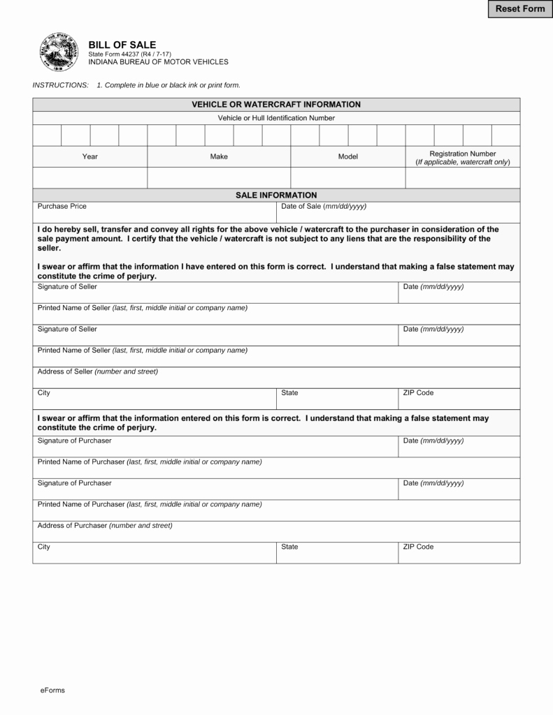 Automobile Vehicle Bill Of Sale Fresh Free Indiana Bill Of Sale forms Pdf