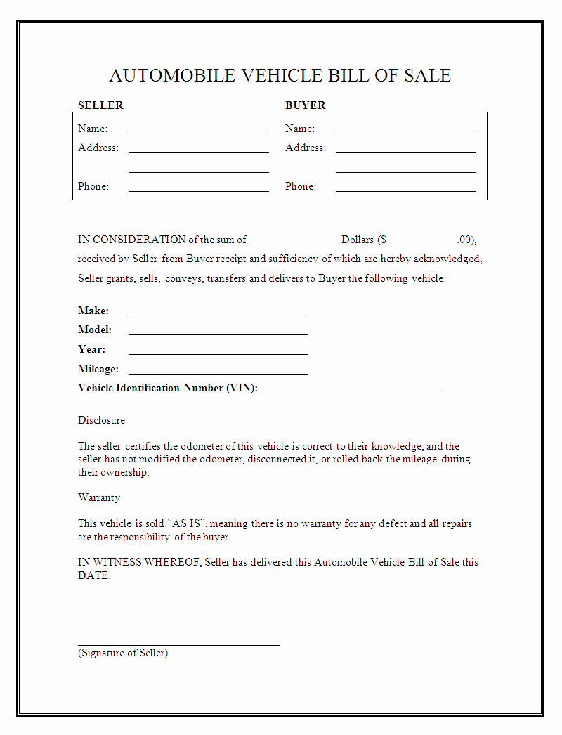 Automobile Vehicle Bill Of Sale New Free Printable Auto Bill Of Sale form Generic