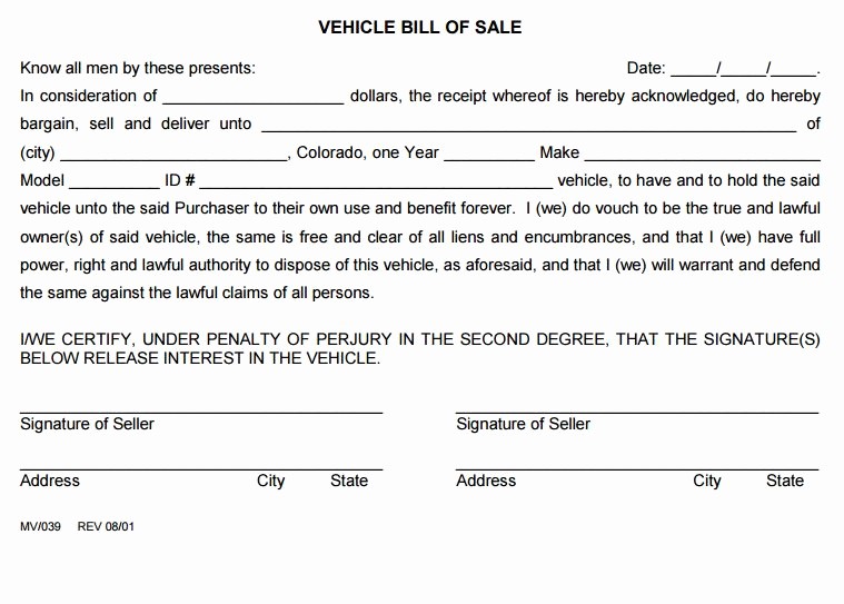 Automotive Bill Of Sale Colorado New Free Colorado Vehicle Bill Of Sale form 2