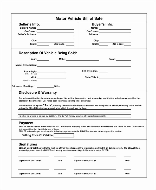 Automotive Bill Of Sale Printable Best Of Motor Vehicle Bill Of Sale Template form Printable