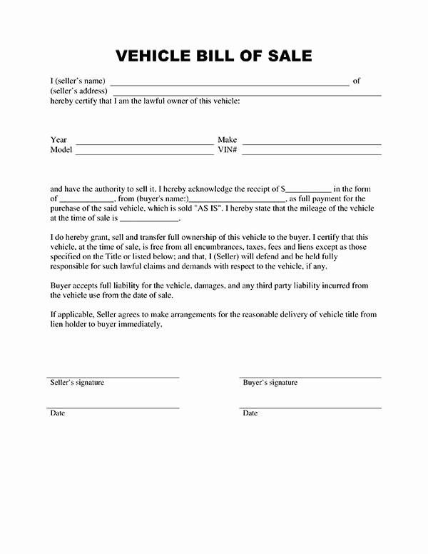 Automotive Bill Of Sale Printable Fresh Bill Of Sale form Template