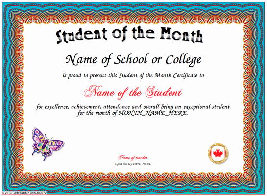 Award Certificates for Students Free Fresh Student Of the Month