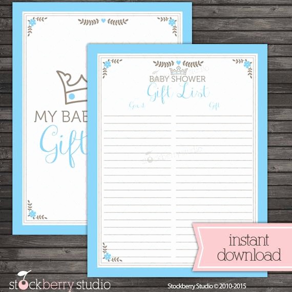 Baby Shower Guest List Printable New Prince Baby Shower Guest Gift List Printable Boy Baby Shower