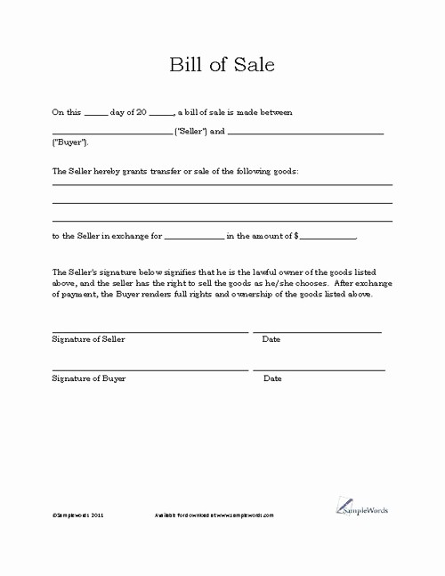 Basic Auto Bill Of Sale Elegant Basic Bill Of Sale form Printable Blank form Template