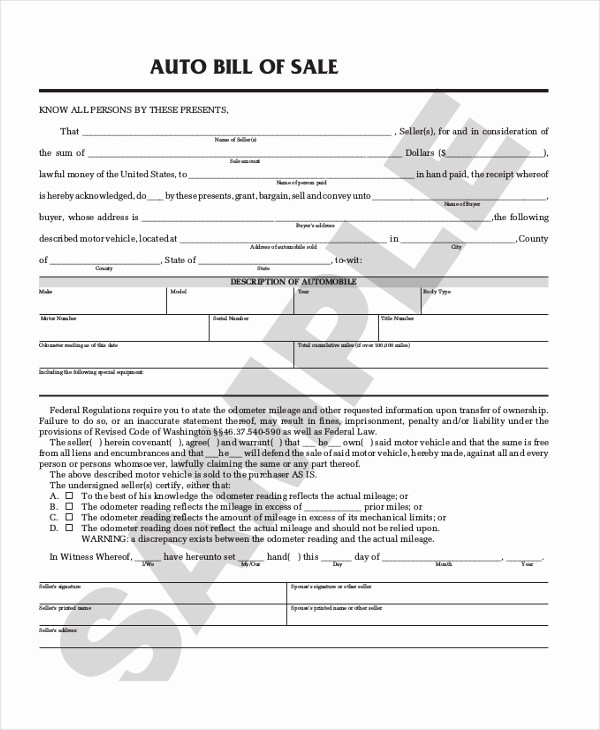 Basic Auto Bill Of Sale Lovely Sample Auto Bill Of Sale form 8 Free Documents In Pdf