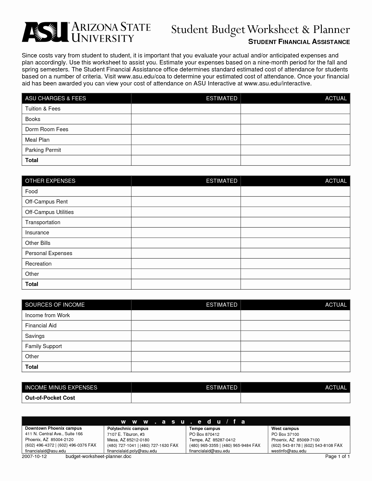 Basic Budget Worksheet College Student Inspirational 7 Best Of Student Bud Worksheet Printable