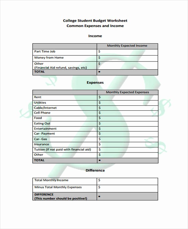 Basic Budget Worksheet College Student Luxury Student Bud Templates 9 Free Pdf format Download
