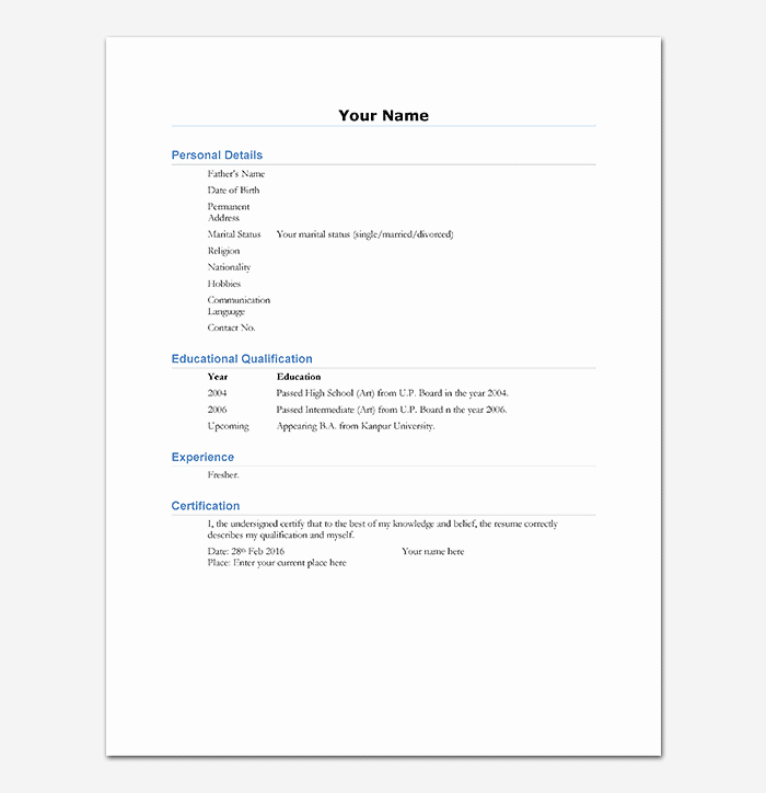 Basic format Of A Resume Fresh Resume Template for Freshers 18 Samples In Word Pdf