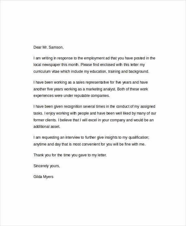 Basic Resume Cover Letter Examples Luxury 6 Sample Employment Cover Letters